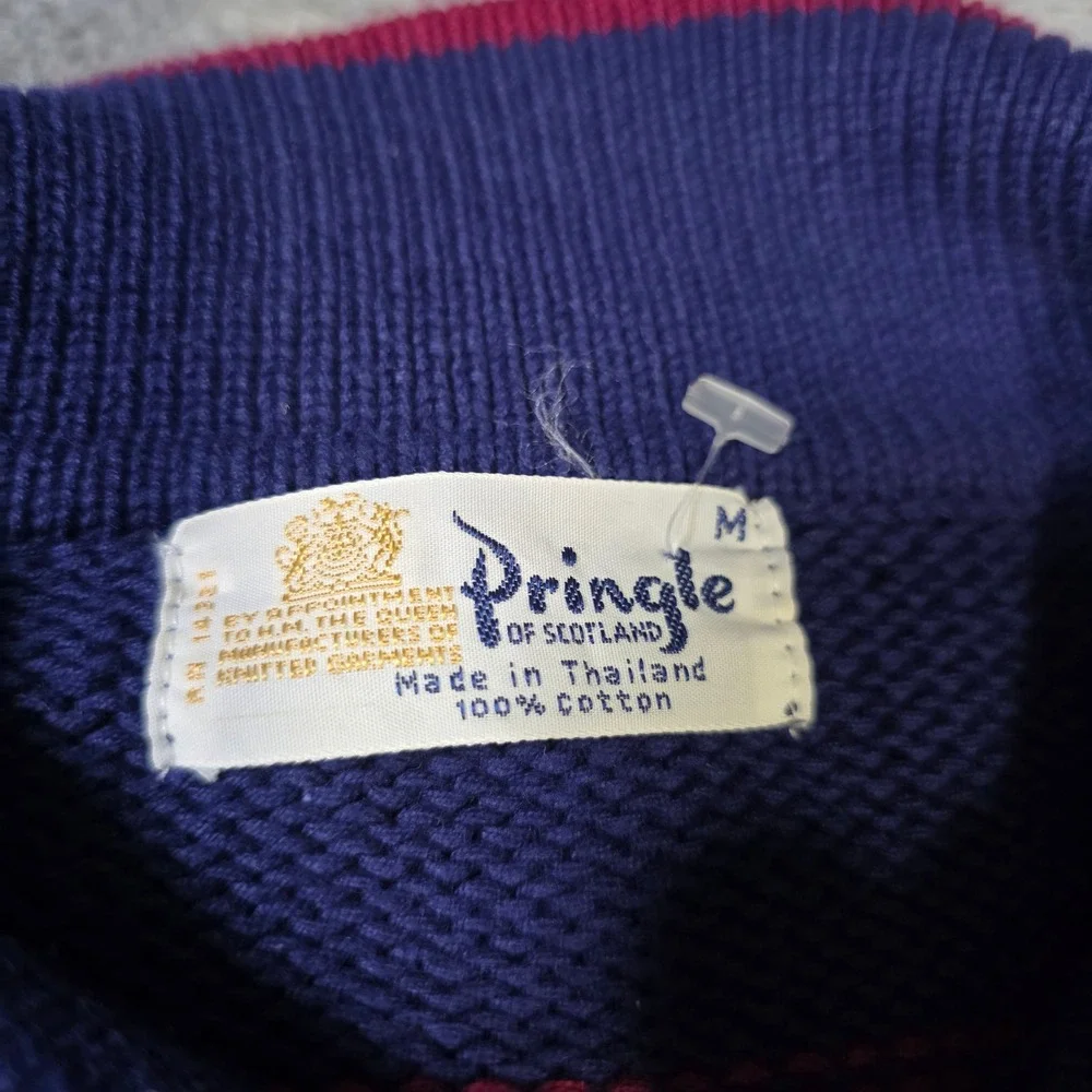 Pringle of Scotland Mens Medium Polo Sweater Purple Red Striped Argyle‎ Pocket